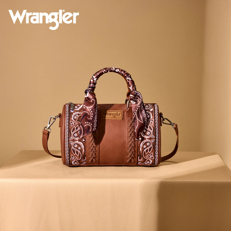 Load image into Gallery viewer, WG331-9012BR - Wrangler Bandana Paisley Print Barrel Crossbody - Brown
