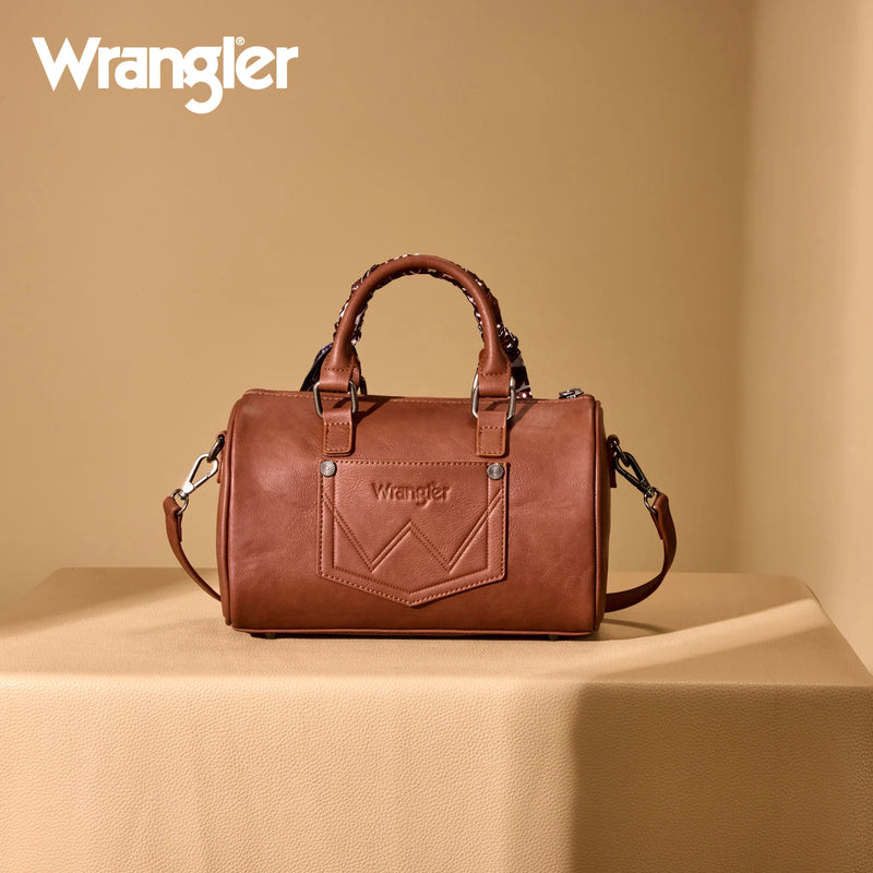 Load image into Gallery viewer, WG331-9012BR - Wrangler Bandana Paisley Print Barrel Crossbody - Brown
