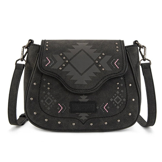 WG333-2003BK - Wrangler Aztec Saddle Crossbody Bag - Black