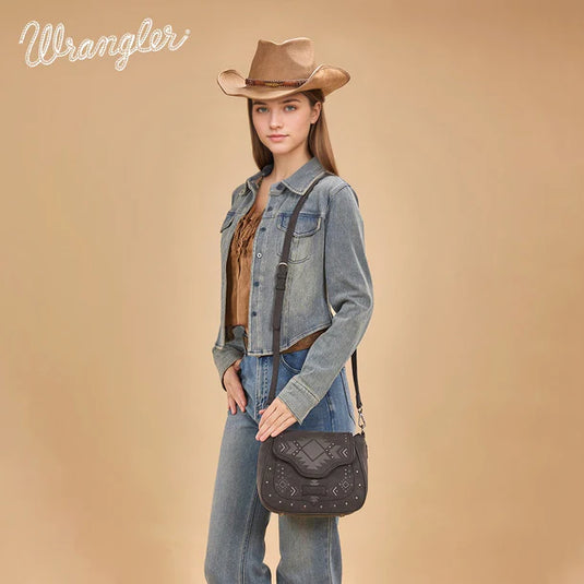 WG333-2003BK - Wrangler Aztec Saddle Crossbody Bag - Black