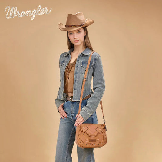 WG333-2003LBR - Wrangler Aztec Saddle Crossbody Bag - Light Brown