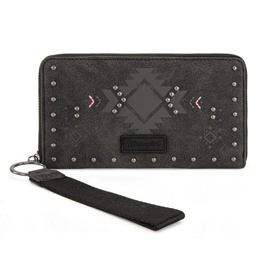WG333-W006BK - Wrangler Aztec Studded Zip-Around Wallet - Black