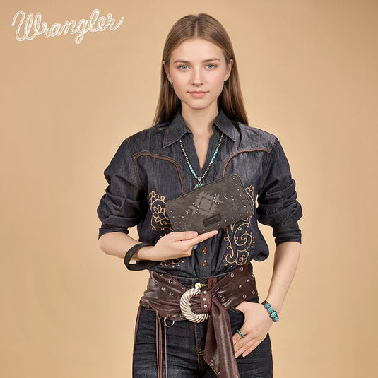 WG333-W006BK - Wrangler Aztec Studded Zip-Around Wallet - Black