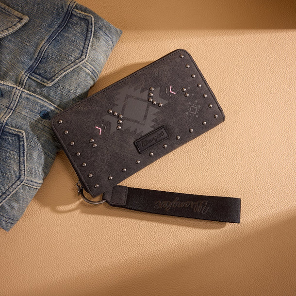 Load image into Gallery viewer, WG333-W006BK - Wrangler Aztec Studded Zip-Around Wallet - Black

