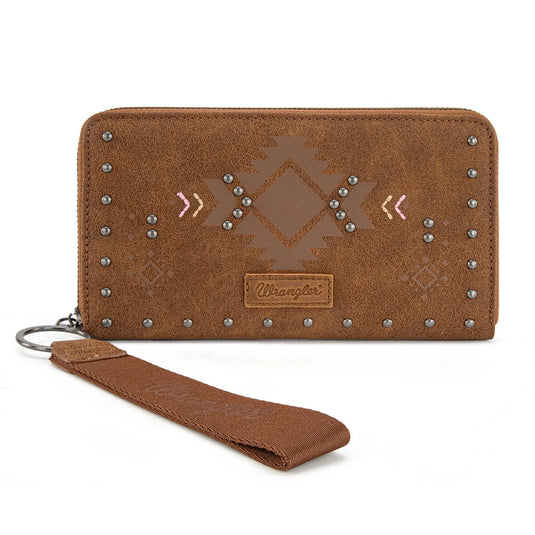 WG333-W006BR - Wrangler Aztec Studded Zip-Around Wallet - Brown