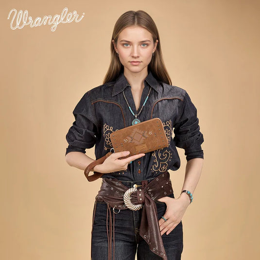 WG333-W006BR - Wrangler Aztec Studded Zip-Around Wallet - Brown