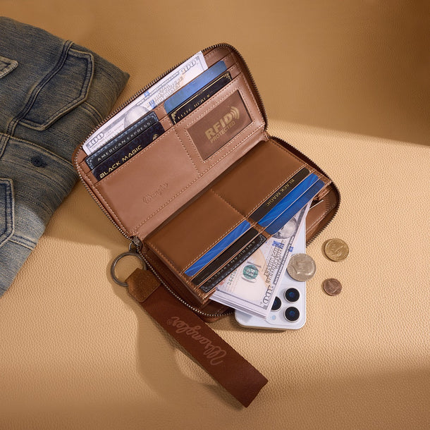 Load image into Gallery viewer, WG333-W006BR - Wrangler Aztec Studded Zip-Around Wallet - Brown
