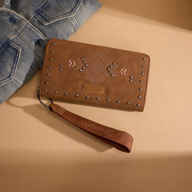 Load image into Gallery viewer, WG333-W006BR - Wrangler Aztec Studded Zip-Around Wallet - Brown
