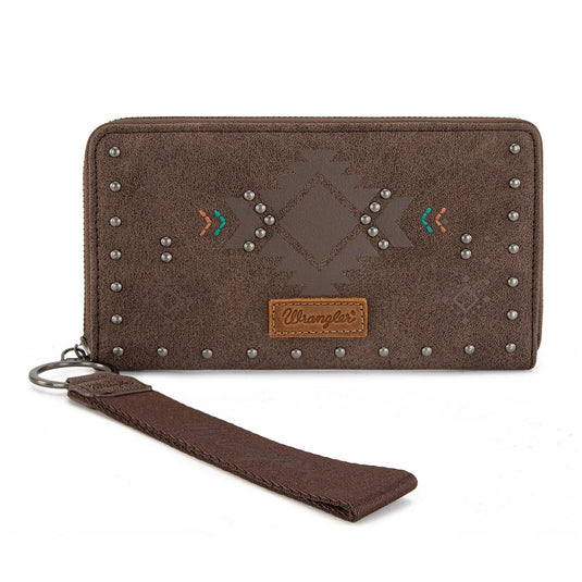 WG333-W006CF - Wrangler Aztec Studded Zip-Around Wallet - Coffee