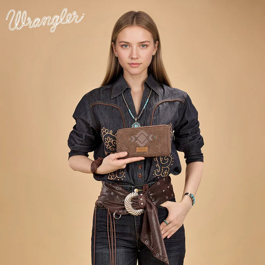 WG333-W006CF - Wrangler Aztec Studded Zip-Around Wallet - Coffee