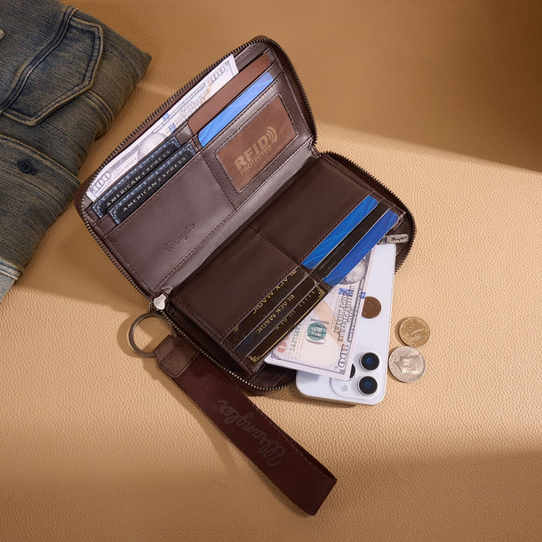 Load image into Gallery viewer, WG333-W006CF - Wrangler Aztec Studded Zip-Around Wallet - Coffee
