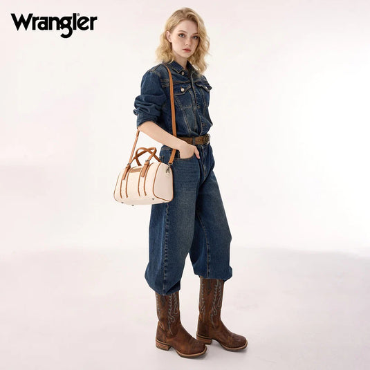 WG336-9013BG-BR - Wrangler Braided Crossbody Boston Bag - Beige-Brown