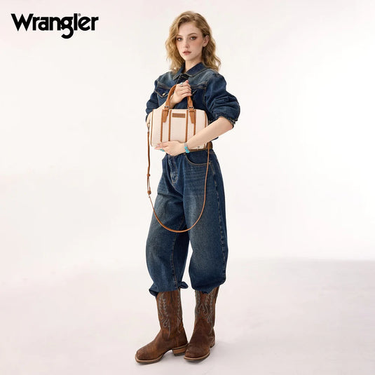 WG336-9013BG-BR - Wrangler Braided Crossbody Boston Bag - Beige-Brown