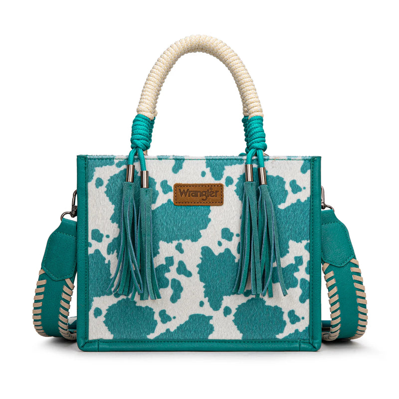 Load image into Gallery viewer, WG386-8120STQ - Wrangler Cow Print Tote/Crossbody - Turquoise
