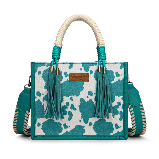WG386-8120STQ - Wrangler Cow Print Tote/Crossbody - Turquoise