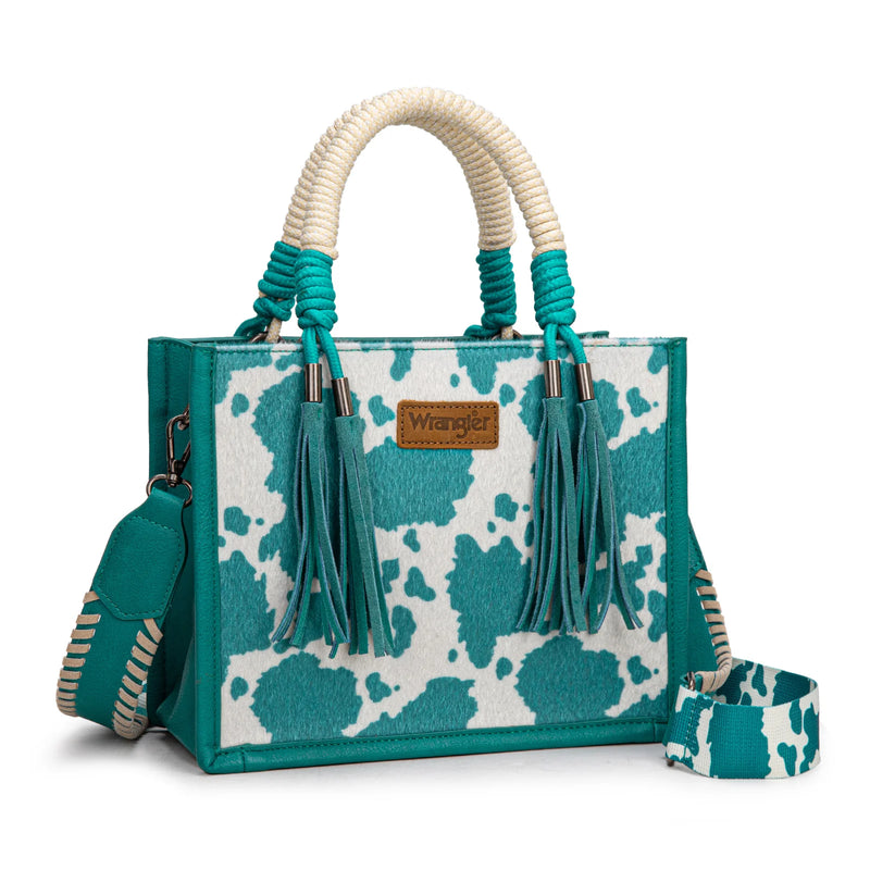 Load image into Gallery viewer, WG386-8120STQ - Wrangler Cow Print Tote/Crossbody - Turquoise
