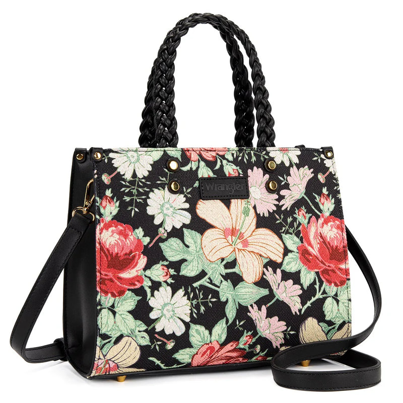 Load image into Gallery viewer, WG438-8120BK - Wrangler Floral Print Braided Tote Bag - Black
