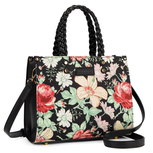 WG438-8120BK - Wrangler Floral Print Braided Tote Bag - Black