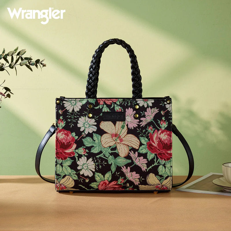 Load image into Gallery viewer, WG438-8120BK - Wrangler Floral Print Braided Tote Bag - Black
