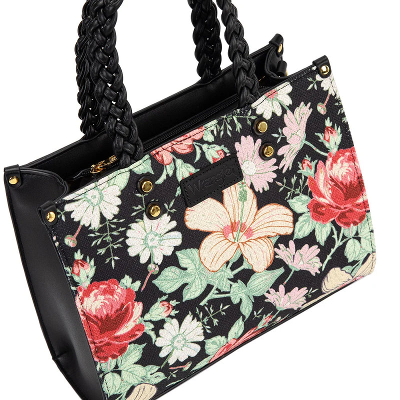 Load image into Gallery viewer, WG438-8120BK - Wrangler Floral Print Braided Tote Bag - Black
