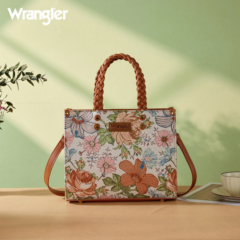 Load image into Gallery viewer, WG438-8120BR - Wrangler Floral Print Braided Tote Bag - Brown
