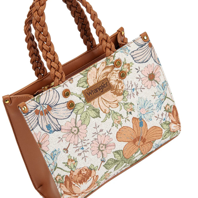 Load image into Gallery viewer, WG438-8120BR - Wrangler Floral Print Braided Tote Bag - Brown
