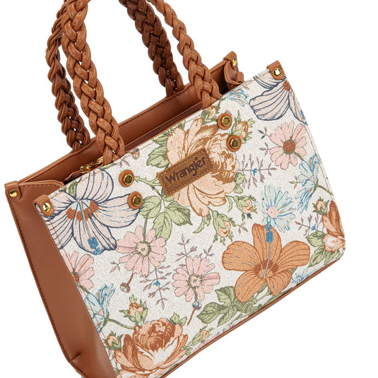 WG438-8120BR - Wrangler Floral Print Braided Tote Bag - Brown