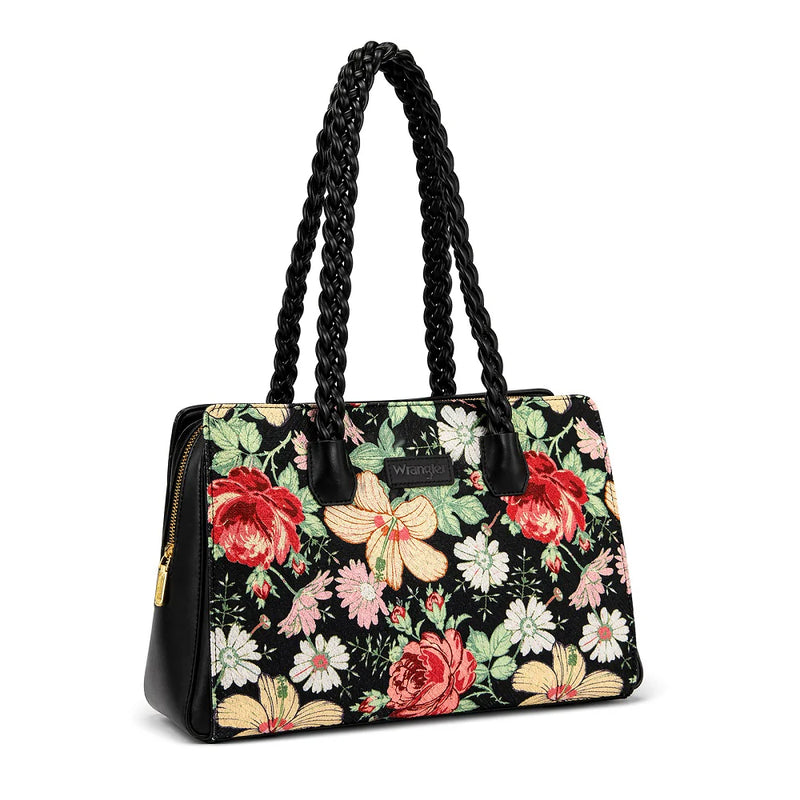 Load image into Gallery viewer, WG438-8130BK - Wrangler Floral Print Braided Satchel Bag - Black
