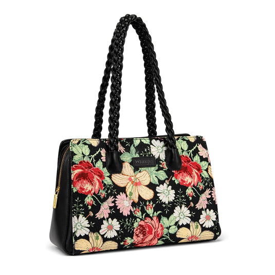 WG438-8130BK - Wrangler Floral Print Braided Satchel Bag - Black