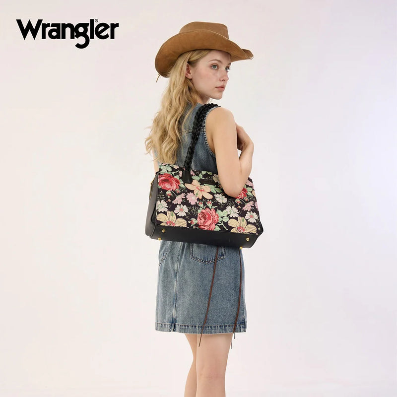 Load image into Gallery viewer, WG438-8130BK - Wrangler Floral Print Braided Satchel Bag - Black
