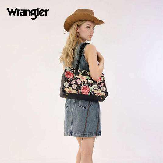 WG438-8130BK - Wrangler Floral Print Braided Satchel Bag - Black