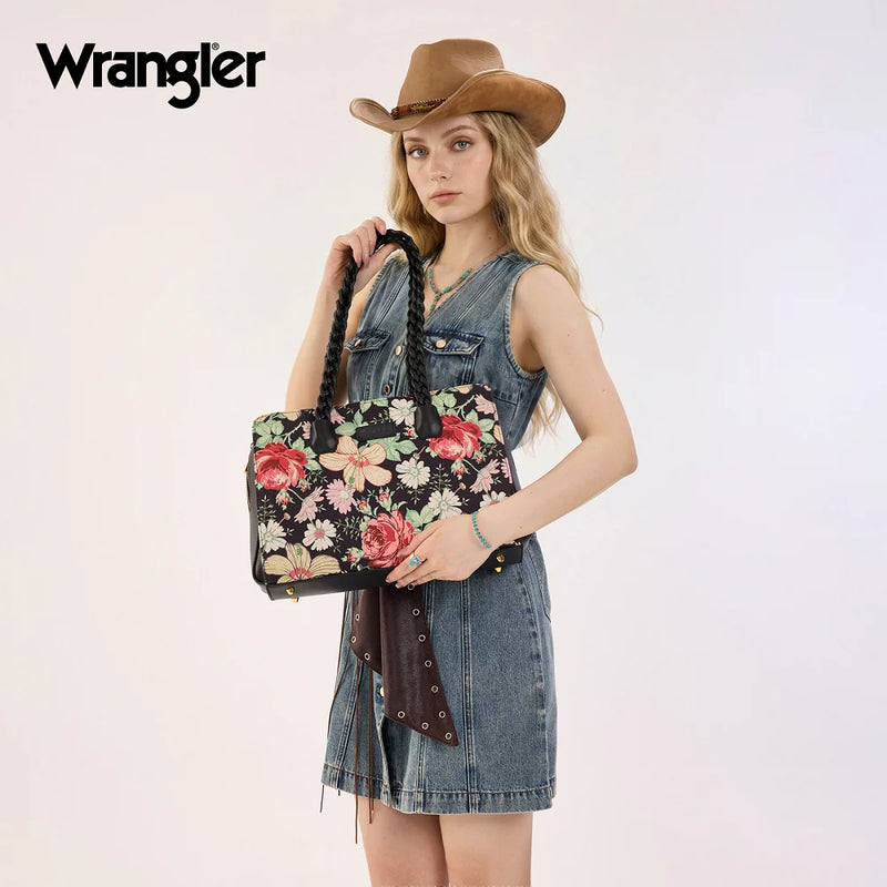 Load image into Gallery viewer, WG438-8130BK - Wrangler Floral Print Braided Satchel Bag - Black
