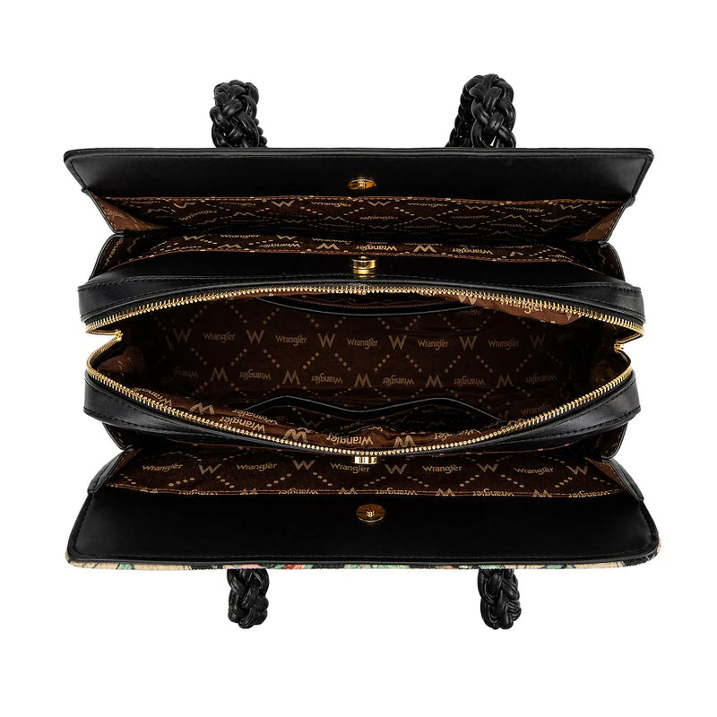 Load image into Gallery viewer, WG438-8130BK - Wrangler Floral Print Braided Satchel Bag - Black
