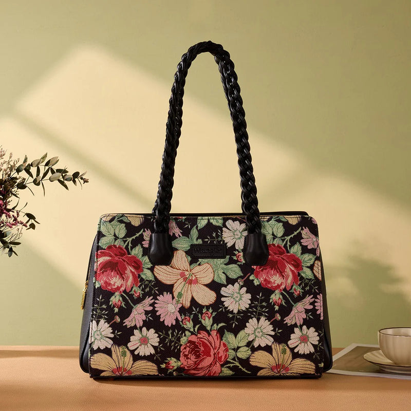 Load image into Gallery viewer, WG438-8130BK - Wrangler Floral Print Braided Satchel Bag - Black
