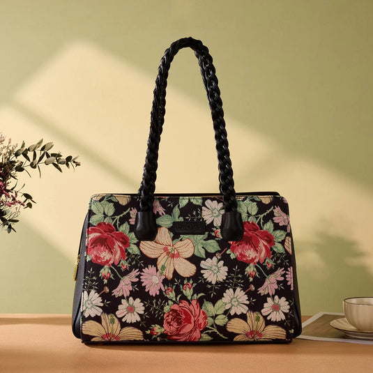 WG438-8130BK - Wrangler Floral Print Braided Satchel Bag - Black