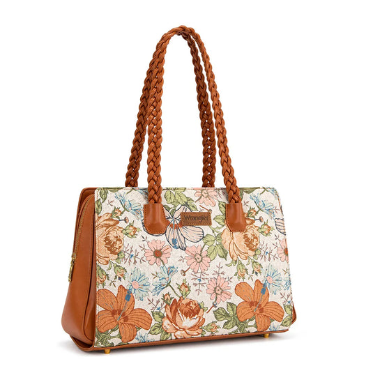 WG438-8130BR - Wrangler Floral Print Braided Satchel Bag - Brown