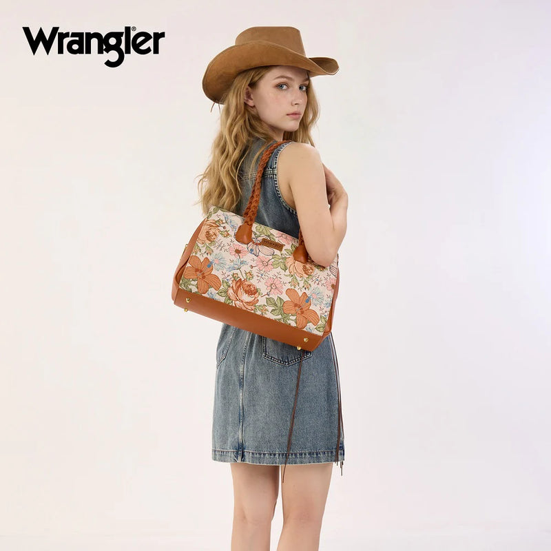 Load image into Gallery viewer, WG438-8130BR - Wrangler Floral Print Braided Satchel Bag - Brown
