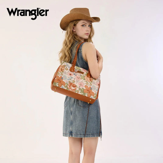 WG438-8130BR - Wrangler Floral Print Braided Satchel Bag - Brown