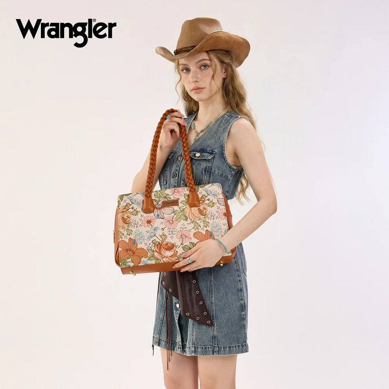 Load image into Gallery viewer, WG438-8130BR - Wrangler Floral Print Braided Satchel Bag - Brown
