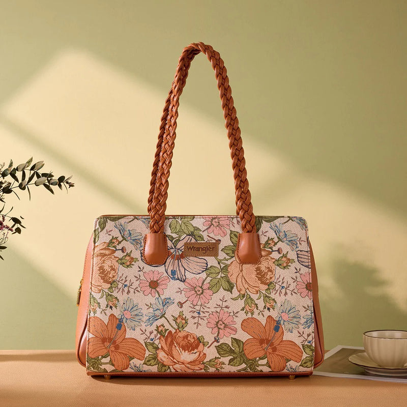 Load image into Gallery viewer, WG438-8130BR - Wrangler Floral Print Braided Satchel Bag - Brown
