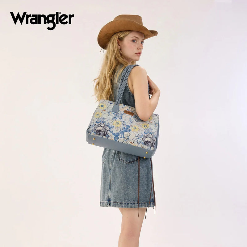 Load image into Gallery viewer, WG438-8130JN - Wrangler Floral Print Braided Satchel Bag - Jean

