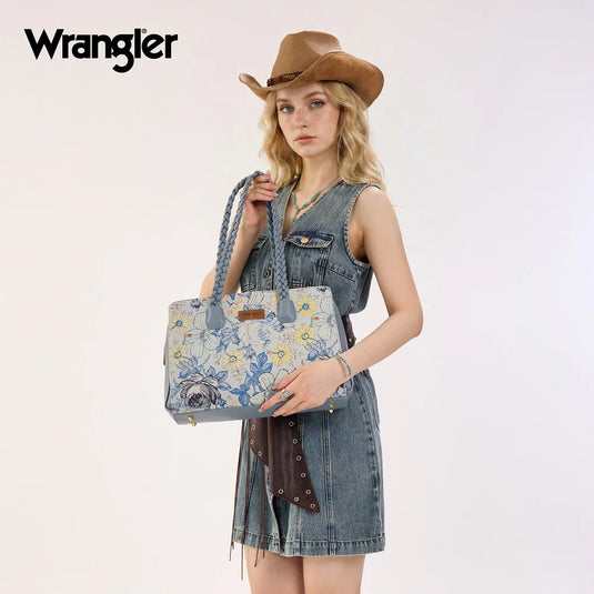 WG438-8130JN - Wrangler Floral Print Braided Satchel Bag - Jean