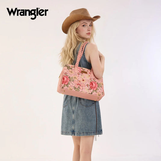 WG438-8130PK - Wrangler Floral Print Braided Satchel Bag - Pink