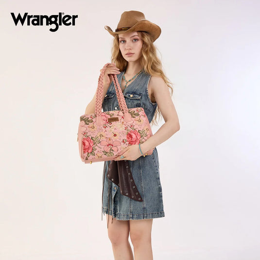 WG438-8130PK - Wrangler Floral Print Braided Satchel Bag - Pink
