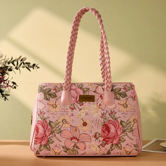 WG438-8130PK - Wrangler Floral Print Braided Satchel Bag - Pink