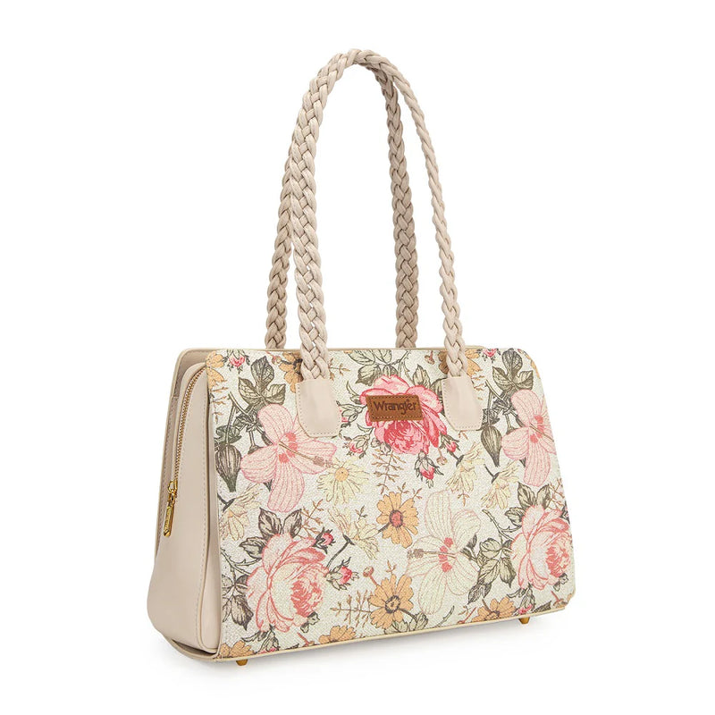 Load image into Gallery viewer, WG438-8130TN - Wrangler Floral Print Braided Satchel Bag - Tan
