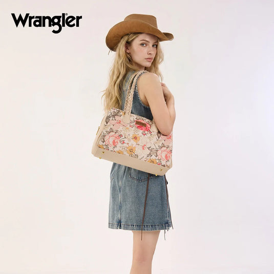 WG438-8130TN - Wrangler Floral Print Braided Satchel Bag - Tan
