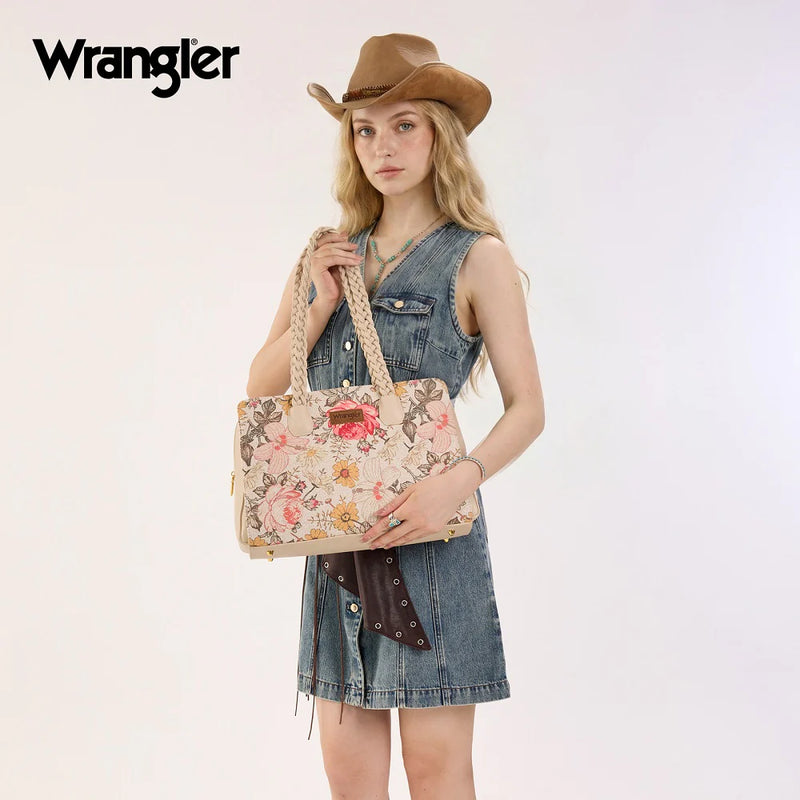 Load image into Gallery viewer, WG438-8130TN - Wrangler Floral Print Braided Satchel Bag - Tan
