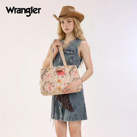 WG438-8130TN - Wrangler Floral Print Braided Satchel Bag - Tan