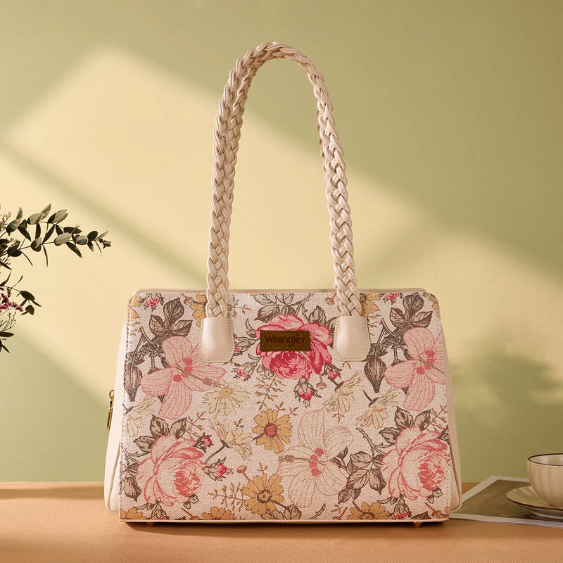 Load image into Gallery viewer, WG438-8130TN - Wrangler Floral Print Braided Satchel Bag - Tan
